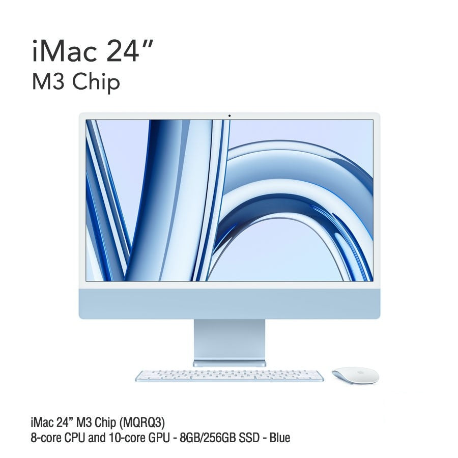 iMac 24" M3 Chip (MQRJ3) with 8-core CPU and 10-core GPU - 8GB/256GB SSD - Blue