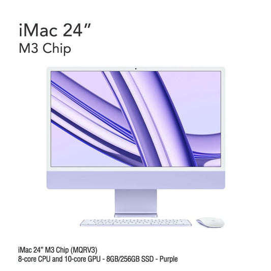 iMac 24" M3 Chip (MQRJ3) with 8-core CPU and 10-core GPU - 8GB/256GB SSD - Purple